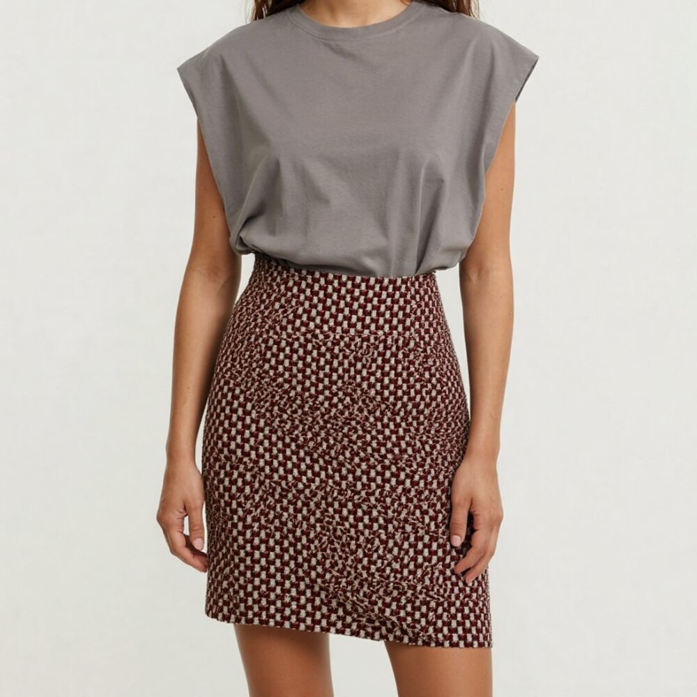 Ann Taylor Red Khaki Beige Tan Black Dot Geometric Silk Straight Pencil Skirt 10